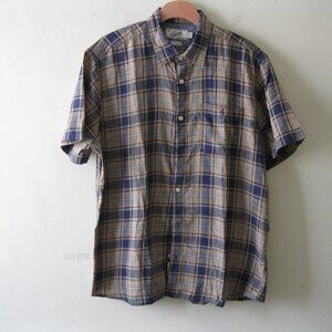 Grayers men's  Madras Power Loom Twill Short Sleeve shirt Blue & Khaki Plaid  XL